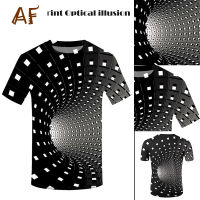 AF เสื้อยืด3D Optical Vortex Illusion เสื้อยืดพิมพ์ดิจิตอลลายสก๊อต3D สำหรับผู้หญิงใส่ทำงานออฟฟิศ