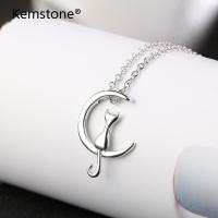 Kemstone Gold/Silver Cute Cat Sittin on the Moon Pendant Necklace Jewelry for Women
