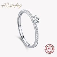 Ailmay Real 925 Sterling Silver Simple Sparkling Round Clear Zircon Ring For Women Classic Luxury Wedding Accessories Jewelry