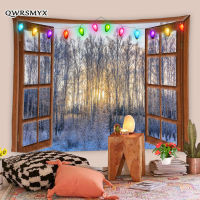 Window Tapestry Winter Snow Covered Forest Scene Tapestry Nature Landscape Fabric Wall Hanging For Bedroom Living Room Dorm