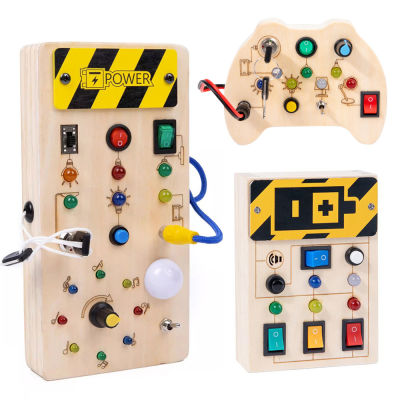 เด็ก Montessori ไม้ Busy Board พร้อมไฟ LED Sensory กิจกรรมการศึกษา Travel ของเล่นสำหรับเด็กวัยหัดเดิน1-3Y Toggle Switch Toy