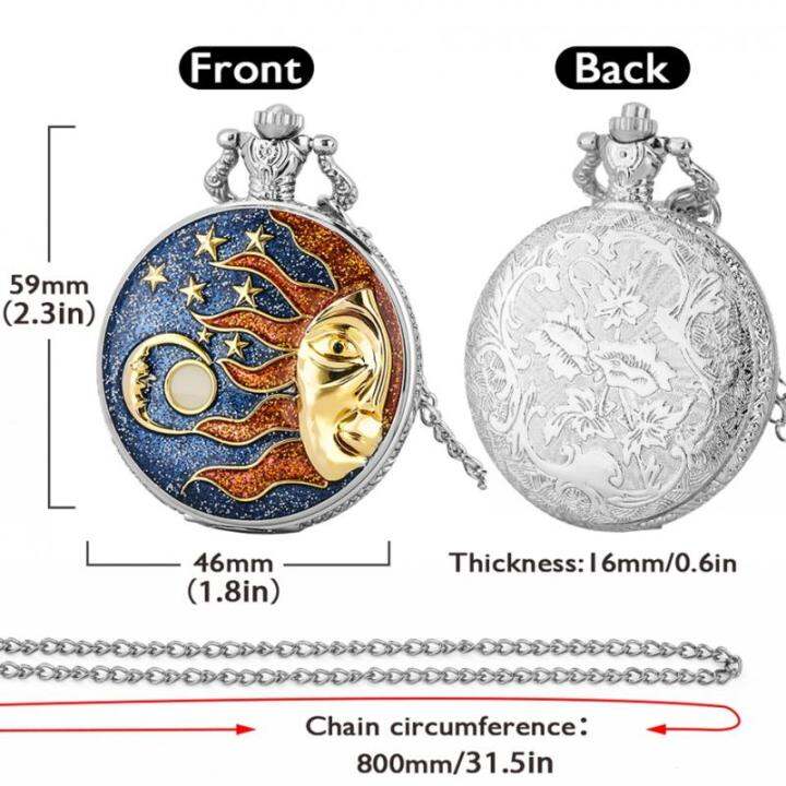 นาฬิกาควอตซ์สีฟ้าสดใสสุดสร้างสรรค์สำหรับผู้ชายดวงจันทร์และดวงดาวท้องฟ้าเต็มไปด้วยดวงดาวสีเงินครึ่งดวงอาทิตย์นาฬิกา-steampunk-สายโซ่จี้สร้อยคอควอตซ์สำหรับผู้ชาย