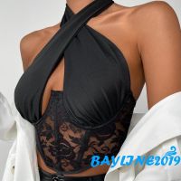 COD DSFDSFEEEE BAY-Female Camisole Lace Floral Halter Neck Strappy Vest Sleeveless Crop Tops for Summer Black S/M/L