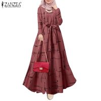 ☞ ZANZEA Women Muslim Elegant Print Belt Back Neck Button No Pocket Long Dress