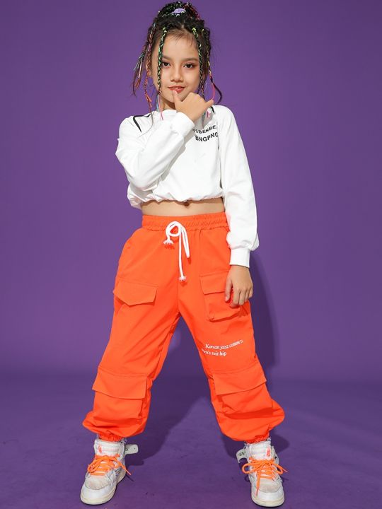 2023-kids-jazz-dance-costume-girls-crop-tops-orange-cargo-pants-hip-hop-clothes-modern-dance-performance-suit-kpop-outfit-bl9901