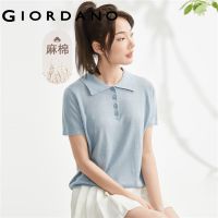 ☬❏❣ GIORDANO ผู้หญิง ผ้าลินินธรรมชาติผ้าฝ้ายถักเสื้อกันหนาว POLO แขนสั้นสีทึบ Free Shipping 05353301