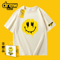 Drew Doll แบรนด์ร่วม2023หน้ายิ้มผ้าฝ้ายพิมพ์ลายแบรนด์แฟชั่นเสื้อยืดคู่ชายหญิงแขนสั้น