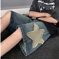 Five Pointed Star Patch Denim กางเกงขาสั้นผู้ชาย2023ฤดูร้อนใหม่อเมริกัน Hip-Hop Street แนวโน้มกางเกงขาสั้นหลวม Vintage ล้างกางเกงลำลอง