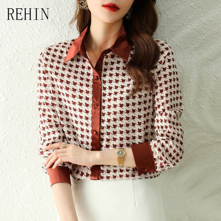 rehin-ของผู้หญิงด้านบนแสงใหม่หรูหราหรูหราหรูหราปกปกชนสีเสื้อแขนยาว-houndstooth-ตรวจสอบพิมพ์เสื้อชีฟองผ้าไหม