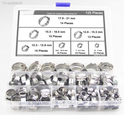 ▧ 125Pcs 304 Stainless Steel Single Ear Stepless Hose Clamps Clamp Assortment Kit Crimp Pinch Rings for Securing Pipe Hoses