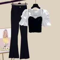 Summer gentle salt style womens 2023 new Korean fashion slimming fake two-piece tops and boot-cut pants set