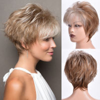 GURUILAGU Mixed Blonde Brown Short Wigs For Women Heat Resistant Synthetic Wig Pixie Cut Natural Looking Fake Hair Wigs