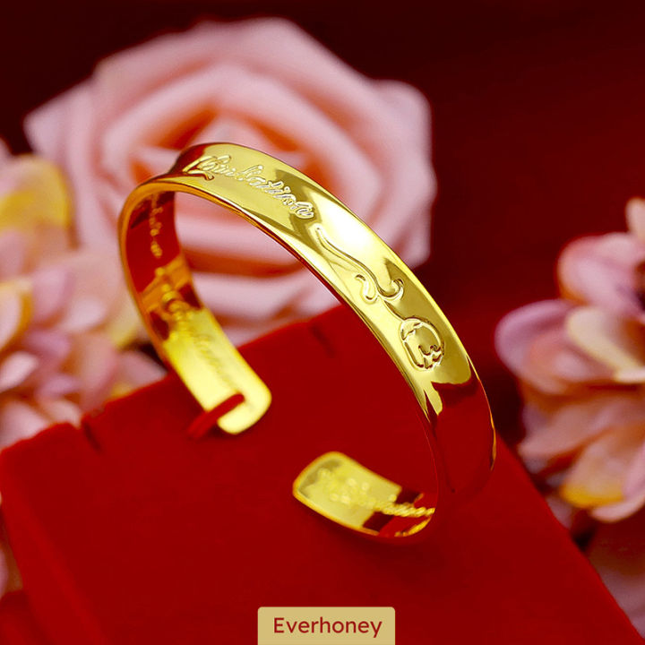 Everhoney Luxury 916 Gold Bangle Shining Polished Open Cuff Flower