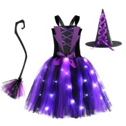 Kids Girls Halloween Costume Lighted Tulle Dress and Witch Hat Broom Set