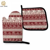Boho Elephant Oven Mitt and Pot Holder Set Heat Resistant Non Slip Kitchen Gloves with Inner Cotton Layer for Cooking BBQ Baking
