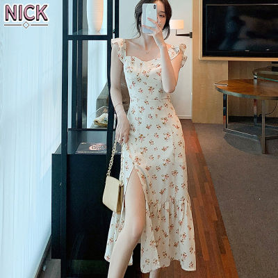 NICK  ชุดนิคสำหรับผู้หญิงเวอร์ชั่นเกาหลีของแขนสั้นคอสี่เหลี่ยมไขมัน MM เอวด้าน Slit ชุดดอกไม้ขนาดใหญ่