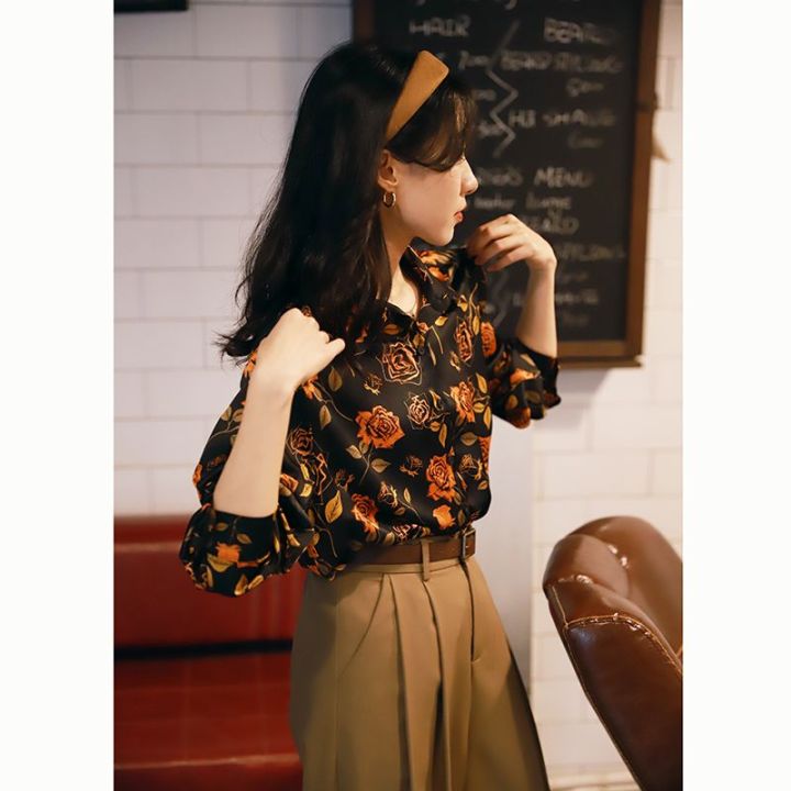 rose-floral-retro-ฤดูใบไม้ร่วงใหม่แขนยาวออกแบบ2022อารมณ์อาวุโสเสื้อหลวม-top-women