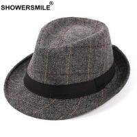 SHOWERSMILE Grey Plaid Fedora Hat Men Woolen Herringbone Tweed Classic Jazz Hat Male British Style Vintage Autumn Felt Hat New