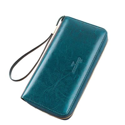 ZZOOI Genuine Leather Women Wallets RFID Luxury Long Blue Wristlet Card Holder Ladies Clutch Bag Female Purse Zipper Wallet for Women