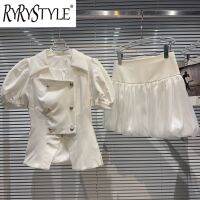 RYRYSTYLE เสื้อคลุมสูทขนาดเล็กใหม่ฤดูร้อนแขนพองกระดุมสองแถวมีกลิ่นหอมชุดกระโปรงสั้นเส้นด้ายแก้ว