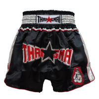 THAISMAI BS1158 กางเกงมวยไทย ผ้าต่วนดำ ปัก THAISMAI - BOXING SHORTS BS-1158 BLACK SATIN THAISMAI