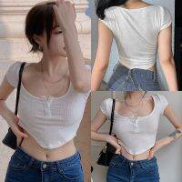 Newdressing ผู้หญิงสแควร์คอไม่สม่ำเสมอ Casual Slim โชว์สะดือแขนสั้น T เสื้อเชิ้ต