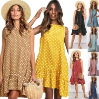 ♈✟✲ Summer Dress Women Polka Dot Print Dresses Sleeveless Beach Mini Dress For Women Casual Short Loose Yellow Sundress Femme Robes