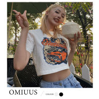 OMIUUS เสื้อยืดแขนสั้นย้อนยุค,เสื้อทรงพอดีตัวสำหรับผู้หญิงเปิดสะดือสั้นนักเรียน