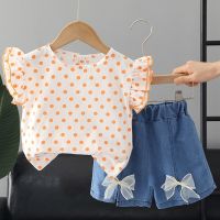 1-4Y Baby Girls Clothing Childrens Suit Girls Childrens Polka Dot Ruffle Short-sleeved Denim Cotton Shorts Baby Clothes Girls  by Hs2023