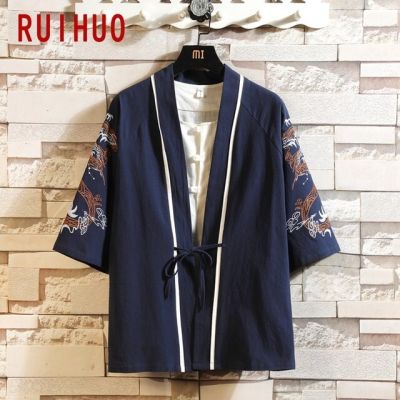✅ชุดกิโมโนผ้าลินินปักลายมังกร RUIHUO 2023สำหรับผู้ชายเสื้อผ้าแฟชั่น Kemeja Lengan Pendek เสื้อคาร์ดิแกน Kimono สไตล์ฮาราจูกุสำหรับฤดูร้อนสินค้าตามสั่ง5XL