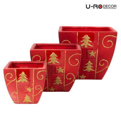 U-RO DECOR รุ่น GOLDTREE(โกล์ดทรี) กระถางดอกไม้เซรามิก 3 ชิ้น/ชุด สีแดง[มีให้เลือก 3 ลาย] Flower pot 3 pcs/set