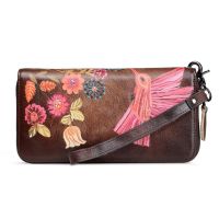 ZZOOI Men Women Real Leather Long Wallet Money Handy Bag ID Card Holder Embossed Floral Genuine Leather Phone Clutch Wrist Bags Purse