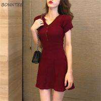 【CC】 Dresses Burgundy Knitted Bodycon V-Neck Ladies Wear