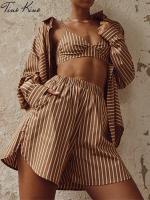 Women Striped Shirt Shorts Three Piece Set Cropped Vest Long Sleeve Shirts Mini Shorts Suit Female  Summer Lady Casual Sets