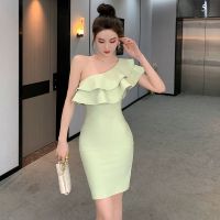 The summer light ripe female fashion temperament falbala one shoulder dress niche design advanced sense of cultivate ones morality package hip skirt