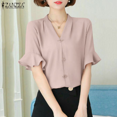 (ราคาต่ำสุด)(เคลียร์สต๊อกขาย)(จัดส่งฟรี) Fancystyle ZANZEA เสื้อผู้หญิงแขนสั้นคอวีเสื้อฤดูร้อนเสื้อยืดผู้หญิงเสื้อชีฟอง Tee #11