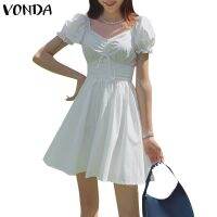 COD DSTGRTYTRUYUY VONDA Women Summer Korean Solid Color Short Sleeve Pleated Tunic Mini Dress