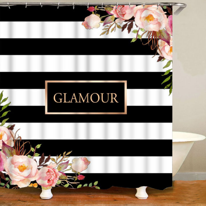 classy-black-white-stripes-floral-shower-curtain-set-elegant-personalised-bath-curtain-for-bathroom-mats-rugs-bathtub-home-decor