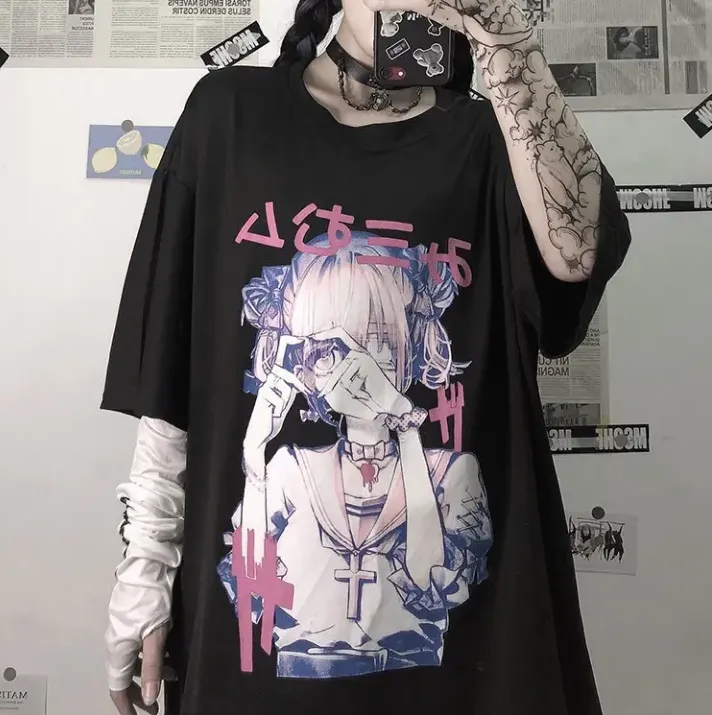 oversized shirt Japanese girl graphic t shirt for women dark anime style  tees | Shopee Philippines