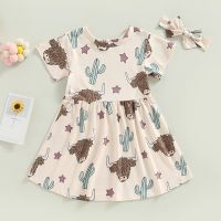 Toddler Kid Girl Dresses Short Sleeve Cactus Bull Head Print A-Lined Casual Summer Dress + Headband Children Clothes  by Hs2023