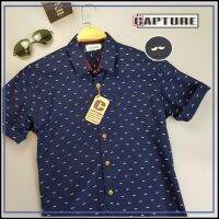 Capture Shirt เสื้อเชิ้ตผู้ชาย เชิ้ตแขนสั้น คอปก ลายหนวด สีกรม มีถึงอก 48 นิ้ว