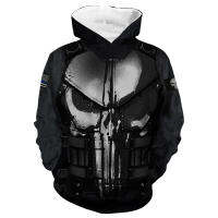 Punisher Hoodie เสื้อสวมหัวแฟชั่น Unisex เสื้อกันหนาว3D พิมพ์แจ็คเก็ต Outerwear