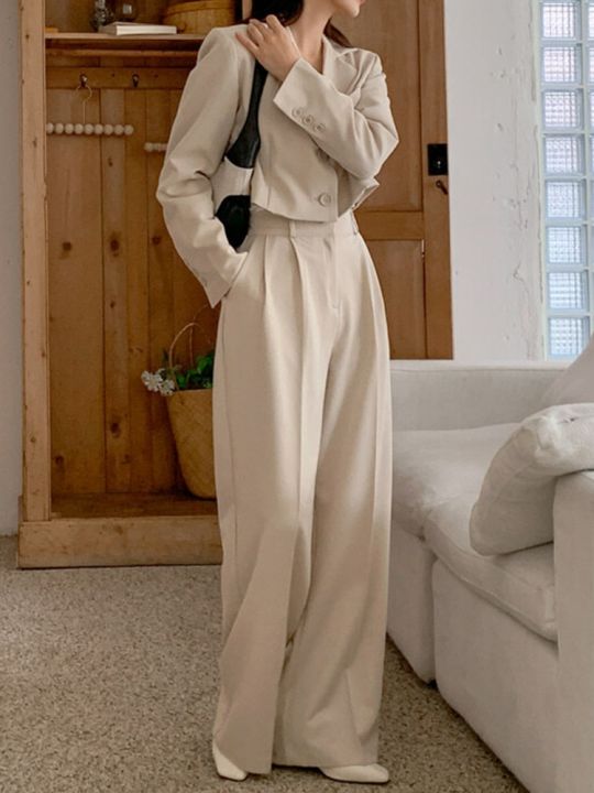 สูทเบลเซอร์สำนักงานผู้หญิงชุดครอป2ชิ้นชุดฤดูใบไม้ผลิกางเกงทรงหลวมเสื้อคลุมแขนยาวลำลอง