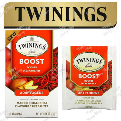 Twinings ⭐Boost Adaptogens Mango Chili Chai Herbal Tea ชาทไวนิงส์ ไม่มีคาเฟอีน ชาสมุนไพรสูตรเพื่อสุขภาพ Superblends Collection แบบกล่อง18ซอง ชาอังกฤษ นำเข้าจากต่างประเทศ