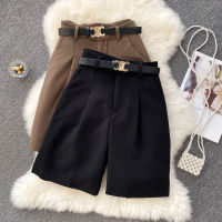 Clothland Women Stylish Basic Shorts Bow Tie Belt Zipper Fly Black Khaki Streetwear Autumn Chic Shorts Mujer SA57