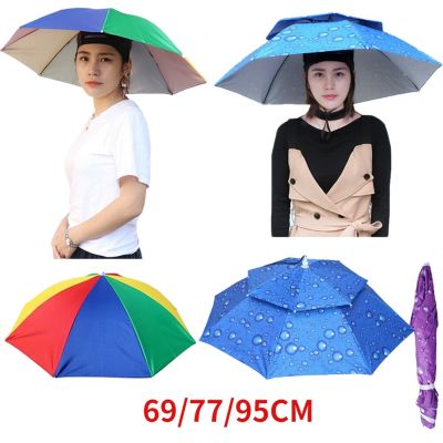 69/77/95cm Outdoor Portable Rain Umbrella Hat Foldable Sun Shade Waterproof Camping Fishing Headwear Cap Beach Head Hat Sun Hats Towels