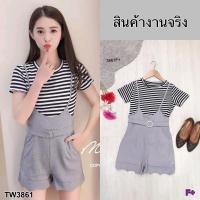 TW3861 Set 2 ชิ้น เสื้อแขนสั้นลายริ้ว+ เอี้ยมกางเกงขาสั้น ลายขาหยัก