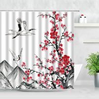 Landscape Shower Curtains Pink Plum Blossom Mountain Water Chinese Style Scenery Ink Painting Modern Decor Bathroom Curtain Sets