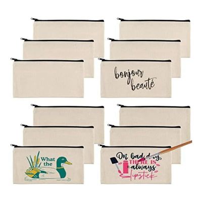 12Pcs Blank Canvas Bags Pencil Case,Canvas Makeup Bags,Plain Canvas Zipper Pouch Bags,For Painting,School,Organizer