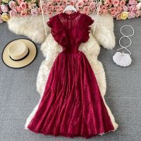 Vintage 7 colors Lace Midi Dress Women Sweet Round Neck Ruffle Vestidos Female High Waist Slim Robe Spring Autumn 2021